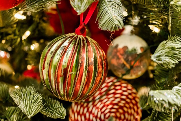 Decorated Christmas tree Christmas Eve christmas decorations New Year Selective focus Blurred background