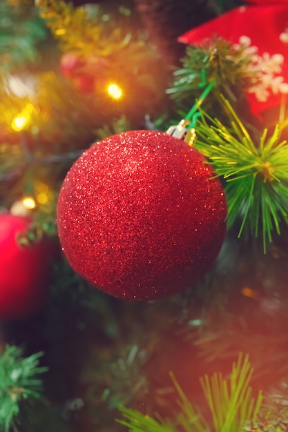 Decorated Christmas tree closeup.