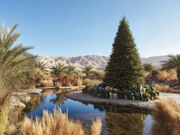 Photo decorated christmas tree in a desert oasis with a stream