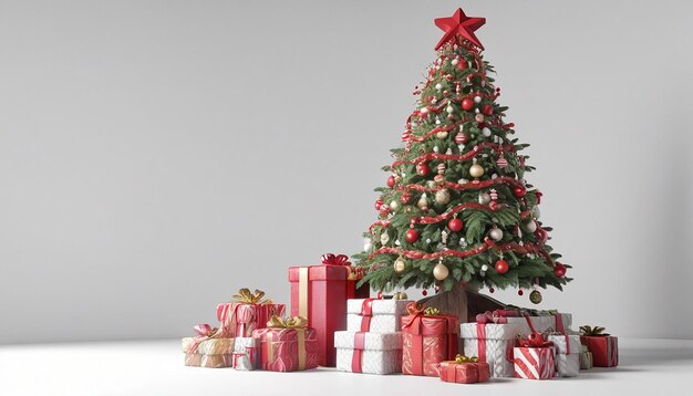 Decorated Christmas tree and gifts on white background