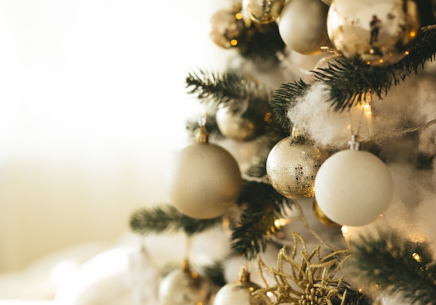 Decorated Christmas tree golden style. Christmas Background