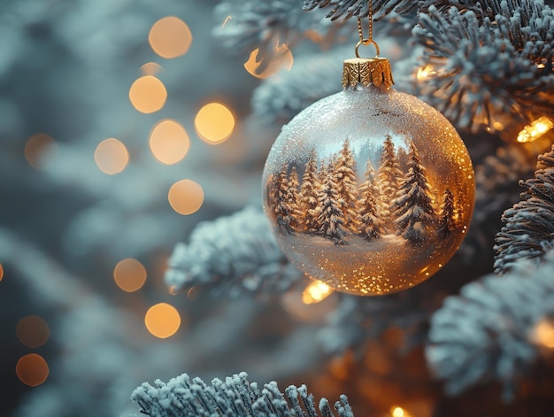 On the decorated Christmas tree hangs a glass ball containing Winter magical snowy lands from a fairy tale closeup low worm light depth of field cinematic