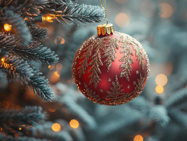 On the decorated Christmas tree hangs a glass ball containing Winter magical snowy lands from a fairy tale closeup low worm light depth of field cinematic