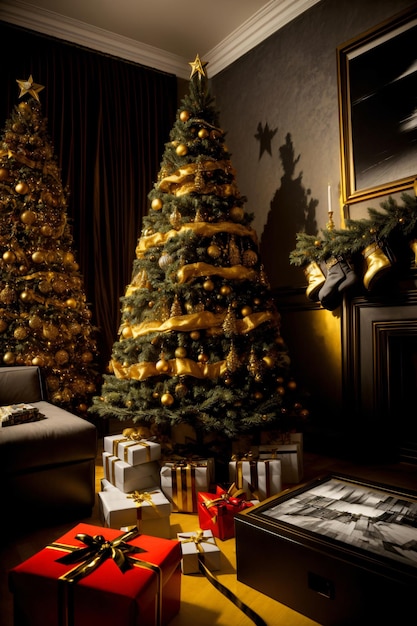 A Decorated Christmas Tree In A Living Room