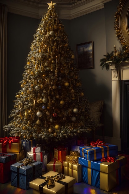 A Decorated Christmas Tree In A Living Room