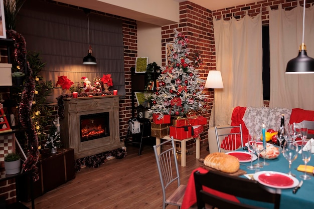 Decorated christmas tree near fireplace, festive served table, winter seasonal holidays traditional preparations. Xmas decor in luxury room interior, warm candle light in evening