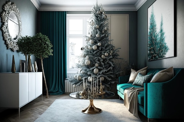 Decorated Christmas tree in stylish living room interior