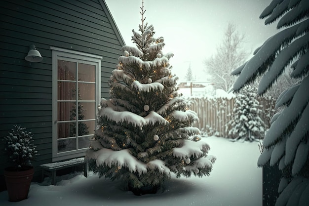 Decorated christmas tree in winter cozy backyard with gentle snow