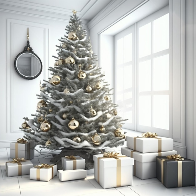 Decorated christmas tree with gift boxes in white room