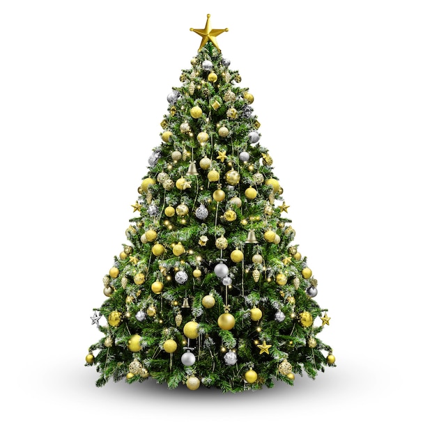 Decorated Christmas tree with golden baubles for new year isolated on white background