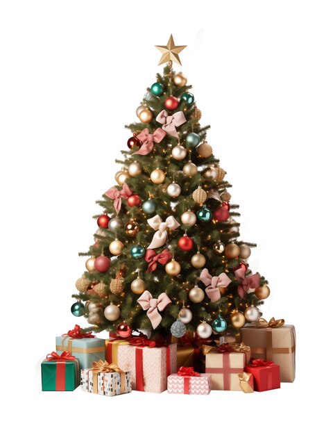 Decorated Christmas tree with a star topper festive ornaments and a pile of colorful gifts isolate