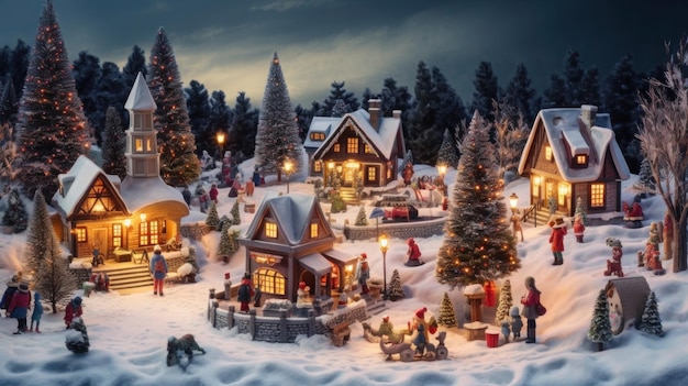 Decorated Christmas village with twinkling lights and miniature figurines