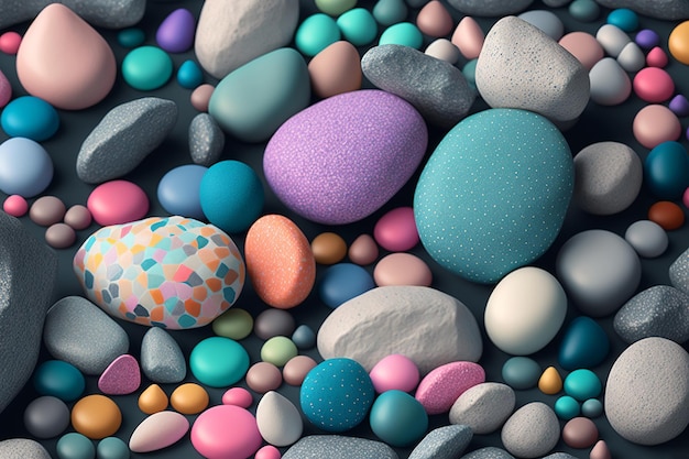 Decorated colored stones pebbles Top view creative rocky background Generative AI illustration