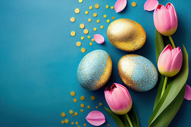 Decorated Easter eggs with gold glitter with delicate pink tulip flowers Easter composition with flowers and eggs on blue paper Flat lay of painted eggs for a spring mood