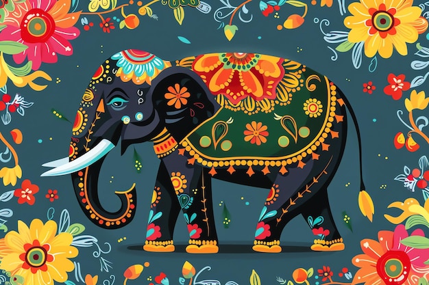 Decorated elephant with painted designs and floral garlands background