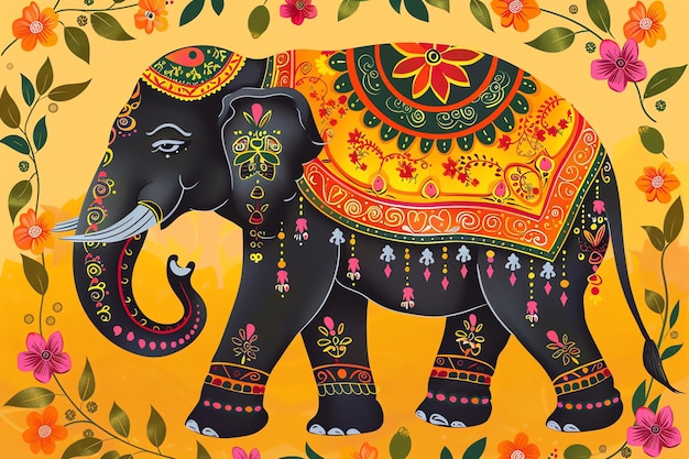 Decorated elephant with painted designs and floral garlands background