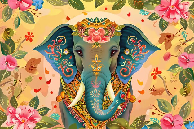 Decorated elephant with painted designs and floral garlands background