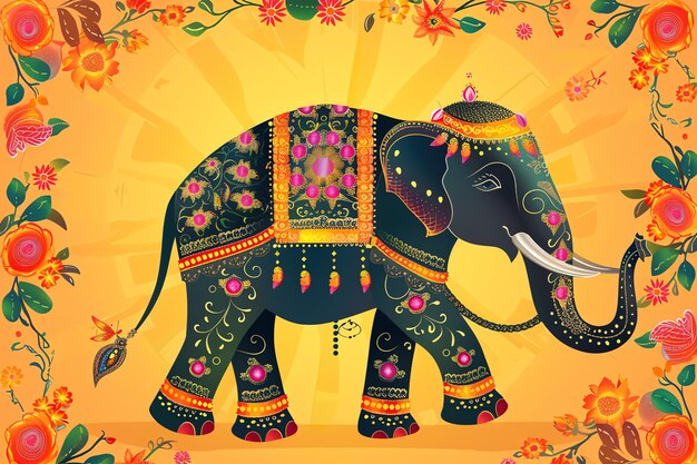 Decorated elephant with painted designs and floral garlands background