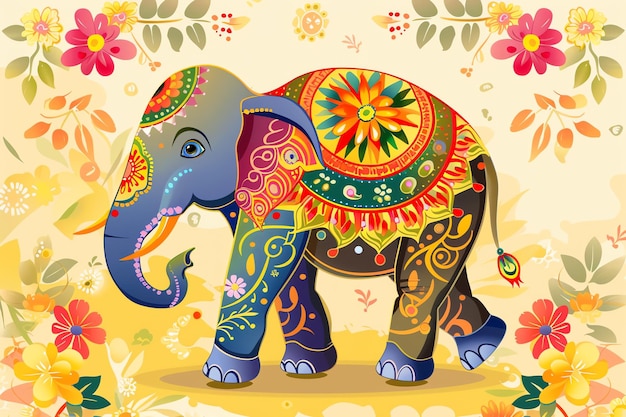 Decorated elephant with painted designs and floral garlands background