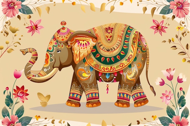 Decorated elephant with painted designs and floral garlands background