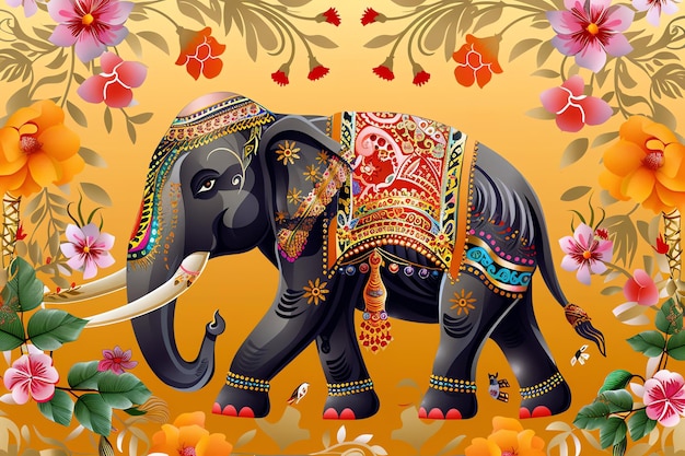 Decorated elephant with painted designs and floral garlands background