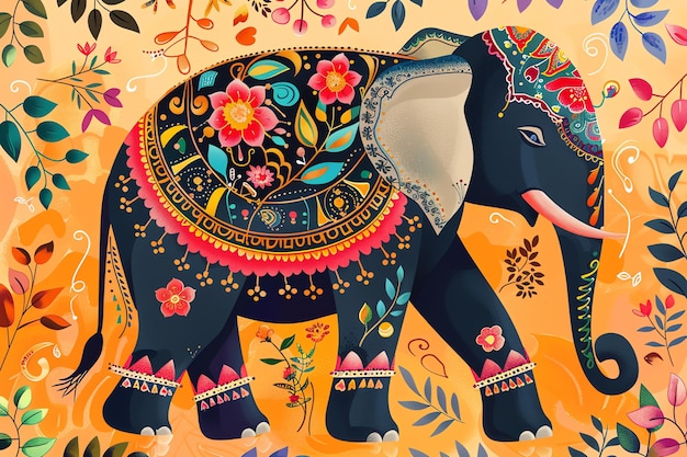 Decorated elephant with painted designs and floral garlands background