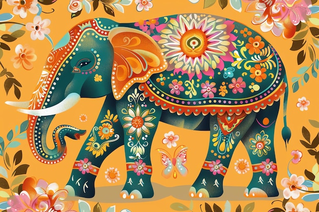 Decorated elephant with painted designs and floral garlands background