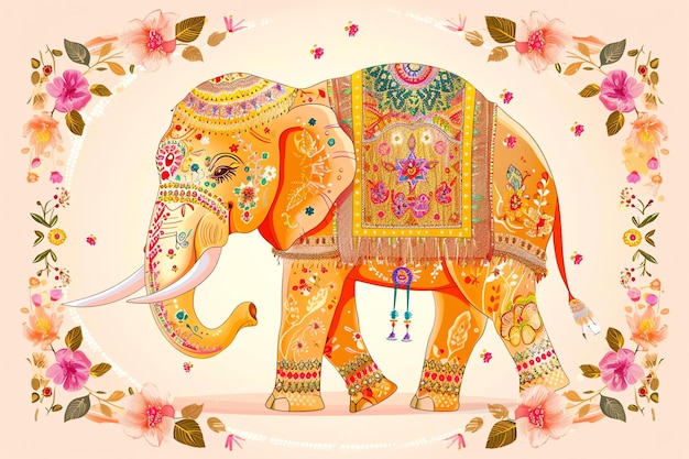 Decorated elephant with painted designs and floral garlands background