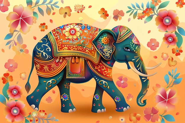 Decorated elephant with painted designs and floral garlands Indian background concept