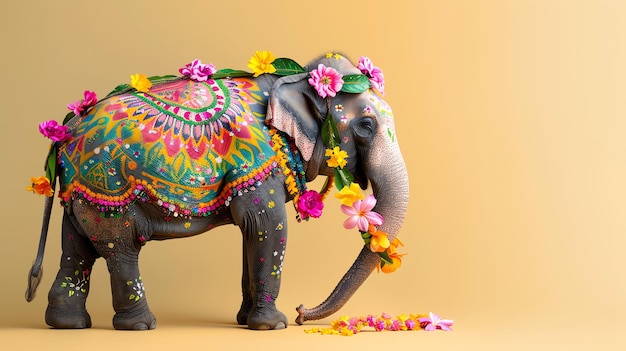 Decorated elephant with painted designs and floral garlands indian background theme