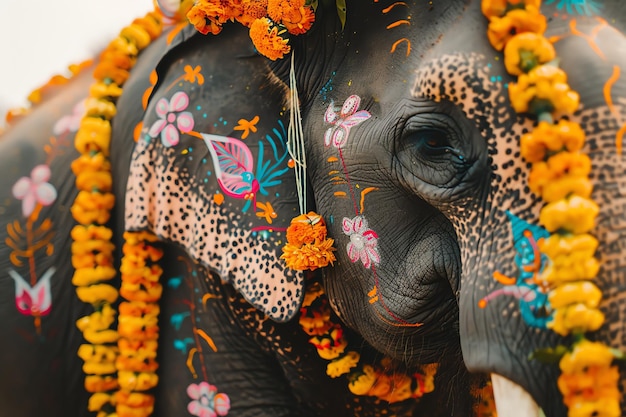 Decorated elephant with painted designs and floral garlands indian background theme