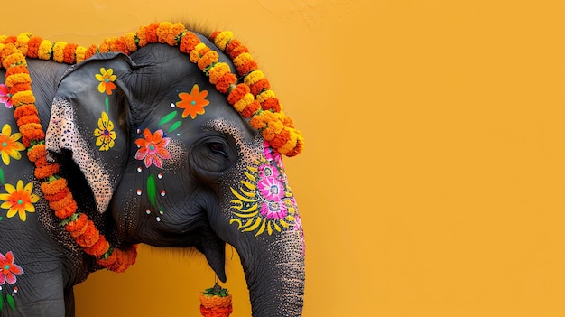 Decorated elephant with painted designs and floral garlands indian background theme