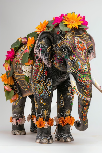 Decorated elephant with painted designs and floral garlands indian background theme