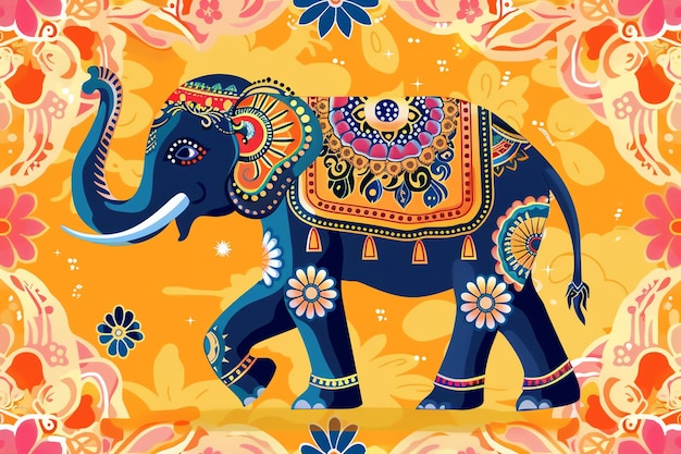 Decorated elephant with painted motifs background