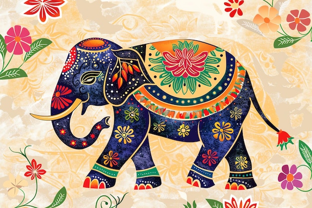 Decorated elephant with painted motifs background