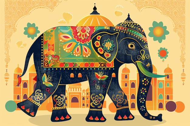 Decorated elephant with painted motifs background