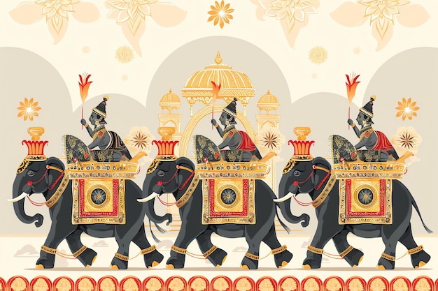 Decorated elephants and horses leading the chariots background