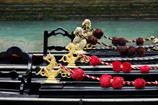 Decorated Gondolas moored in Venice Italy