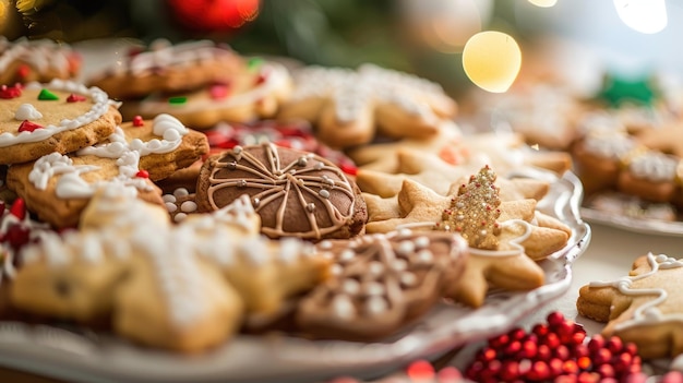 Photo decorated holiday cookies on plate with festive background