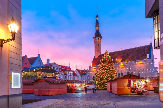 Decorated and illuminated Christmas tree and Christmas Market at Town Hall Square or Raekoja plats at beautiful sunrise, Tallinn, Estonia.