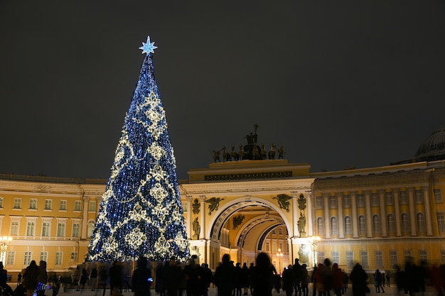 Decorated New Year tree in St. Petersburg on Palace Square, next to the Hermitage..