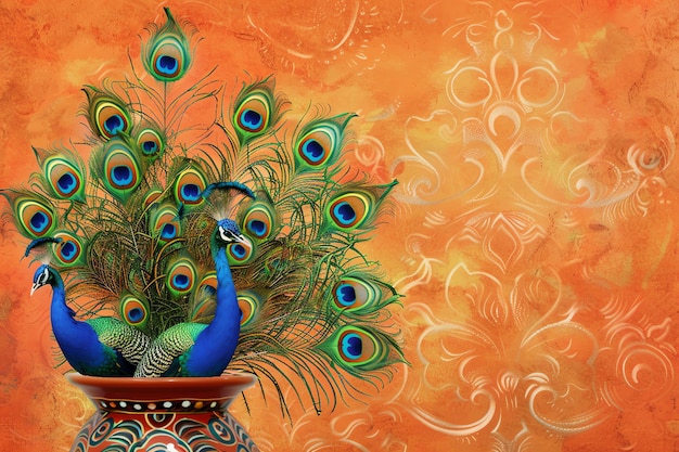 Decorated peacock feathers in a vase background