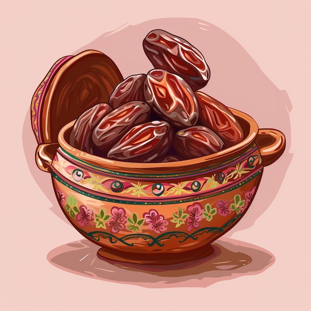 Photo a decorated pot filled with dates on colourful background generative ai