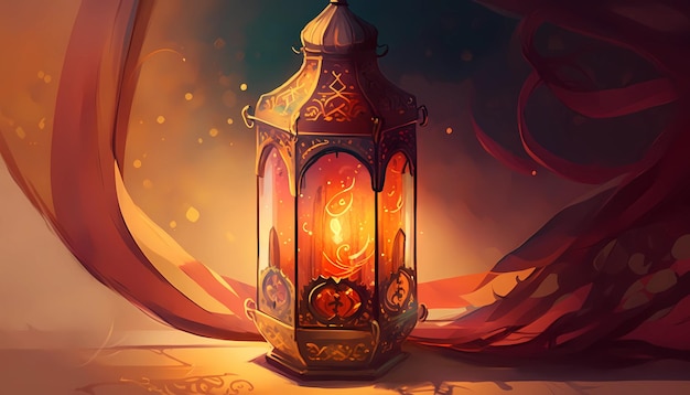 A decorated of Ramadan lantern with Islamic calligraphy digital art illustration