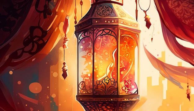 A decorated Ramadan lantern with Islamic calligraphy digital art illustration