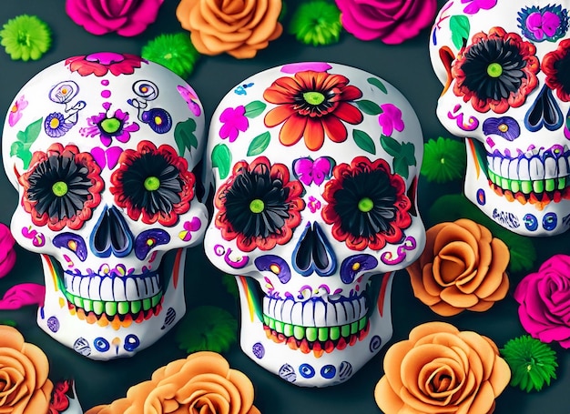 Decorated skull with flowers in the background day of the dead