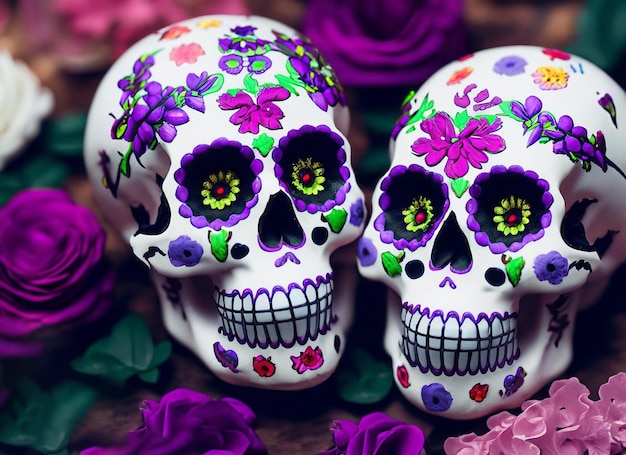 Decorated skull with flowers in the background day of the dead