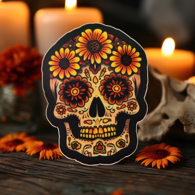 Photo decorated skulls with marigold flowers sombreros and candles for vibrant day of the dead