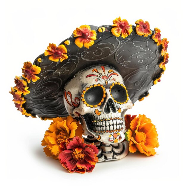 Photo decorated skulls with marigold flowers sombreros and candles for vibrant day of the dead