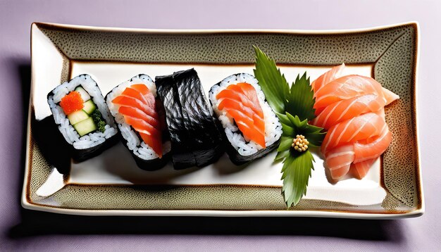 Photo decorated sushi plate on a traditional japanese ceramics and kitchenware